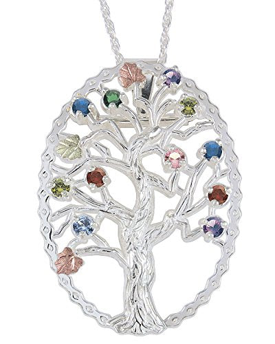 Multi Gemstone Tree Pendant Necklace, Sterling Silver, 12k Green and Rose Gold Black Hills Gold Motif, 18"