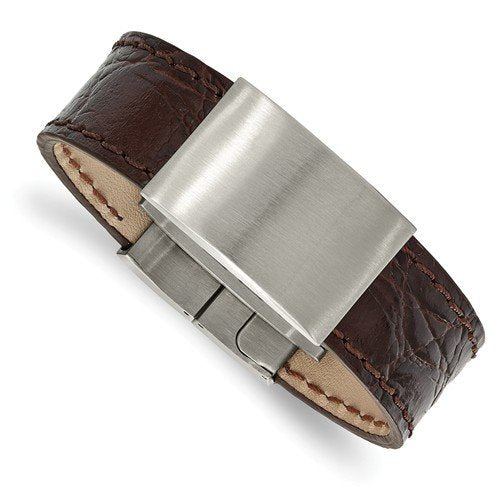 Men's Brushed Stainless Steel Dark Brown Leather ID Bracelet, 8.5"