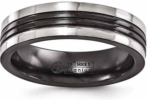 Black Ti Collection Black Titanium Grey Grooves 6mm Flat Wedding Band, Size 11