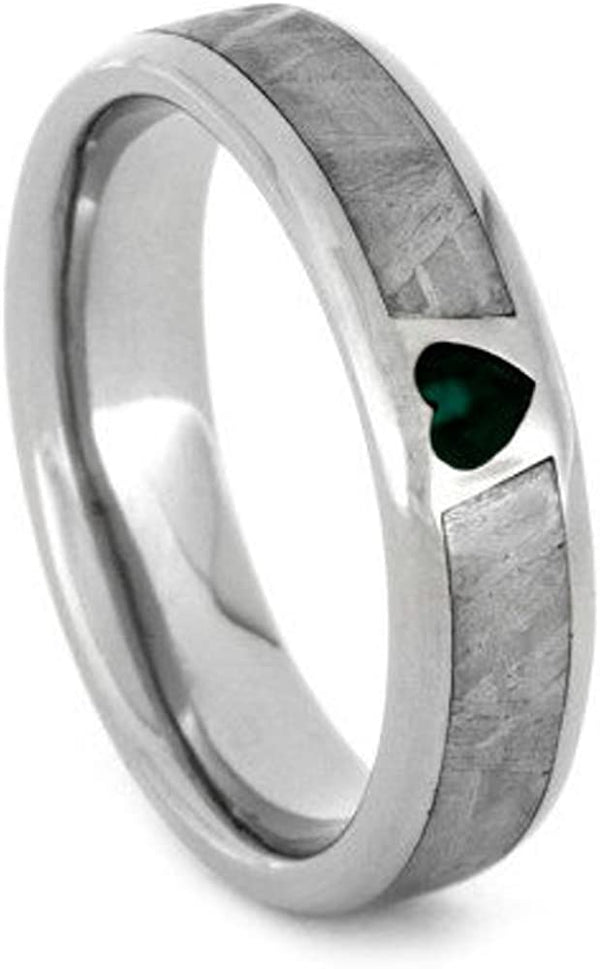 Created Emerald, Gibeon Meteorite 14k White Gold Ring and Green Box Elder Burl Wood Titanium Band, Couples Ring Set, M9.5-F4.5