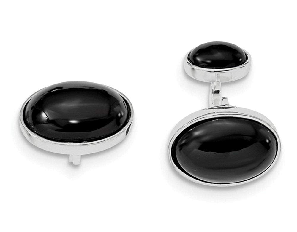 Rhodium-Plated Sterling Silver Onyx Oval Cuff Links, 18.8X15.5MM