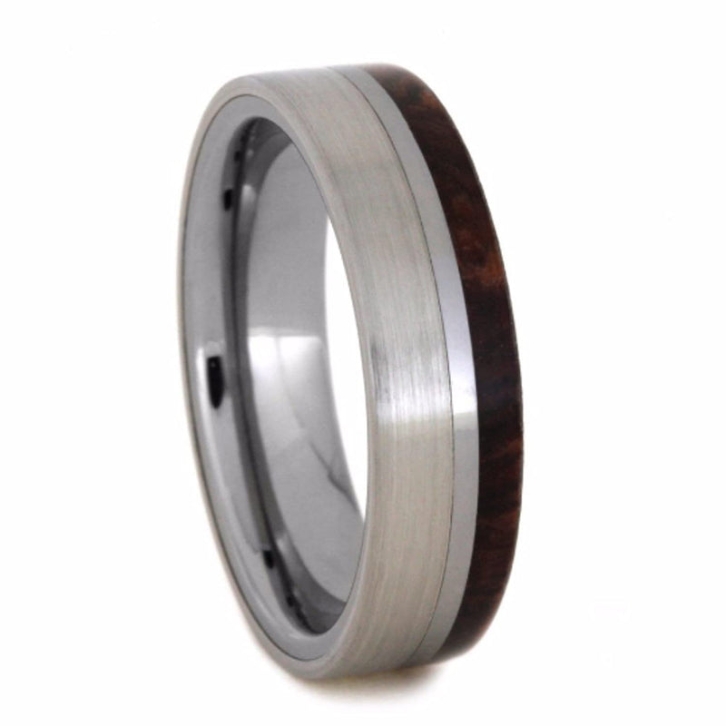 Honduran Rosewood Burl, Tungsten Carbide 6mm Comfort-Fit Brushed Titanium Wedding Band