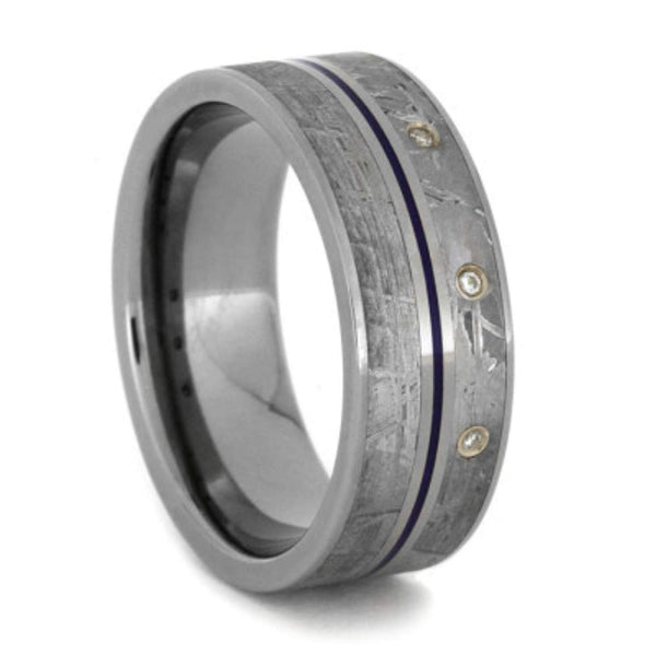 3-Stone Diamond Gibeon Meteorite, Blue Pinstripe 7.5mm Comfort-Fit Titanium Wedding Band, Size 15.5