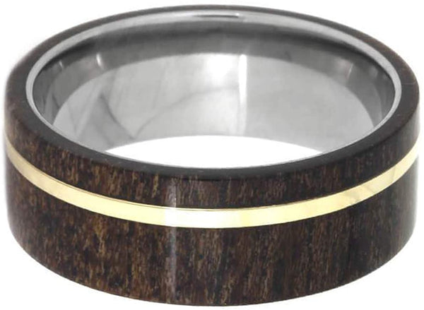Men's Titanium Black Mesquite Wood, 14k Yellow Gold Pinstripe 8mm Comfort-Fit Band, Handmade, Size 10.25