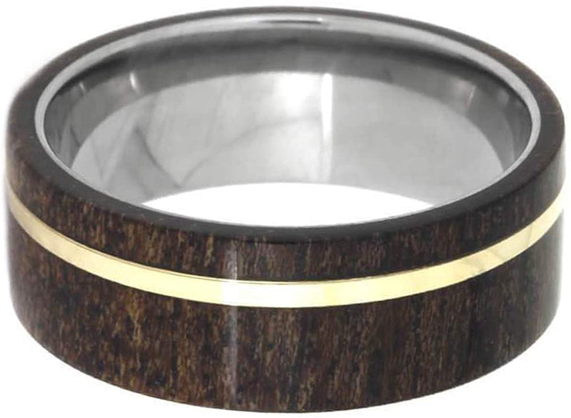 Black Mesquite Wood, 14k Yellow Gold Pinstripe 8mm Comfort-Fit Titanium Band, Size 15