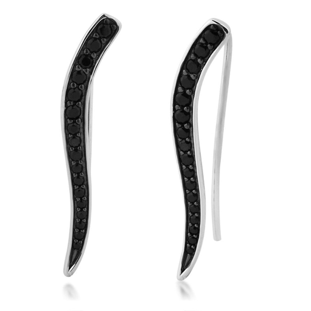 Black CZ S-Curve Rhodium Plated Sterling Silver Ear Crawlers Earrings