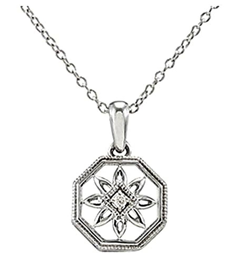 Diamond Octagon Vintage Style Filigree Flower Sterling Silver Pendant Necklace, 18" (.02 Cttw)
