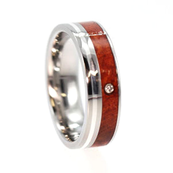Diamond Solitaire, Amboyna Wood, Sterling Silver 7mm Comfort Fit Titanium Band