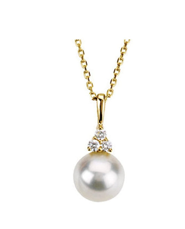 White Freshwater Cultured Pearl and Diamond Pendant Necklace, 14k Yellow Gold, 18" (7.5-8MM) (.06 Ctw, Color G-H, Clarity I1)