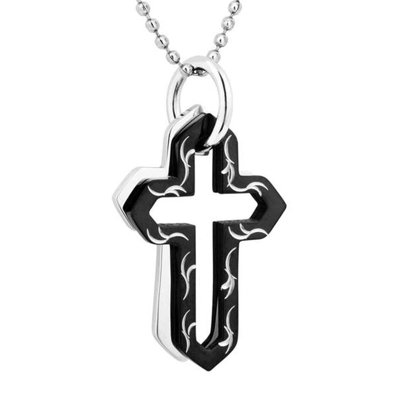 Men's Engraved, Black Ion Plated Double Cross Pendant Necklace , Stainless Steel, 24"