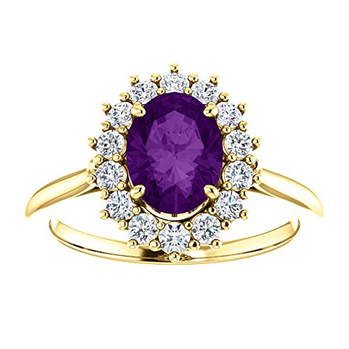 Genuine Oval Amethyst and Diamond Halo 14k Yellow Gold Ring (.35 Cttw, GH Color, SI1 Clarity), Size 5.25