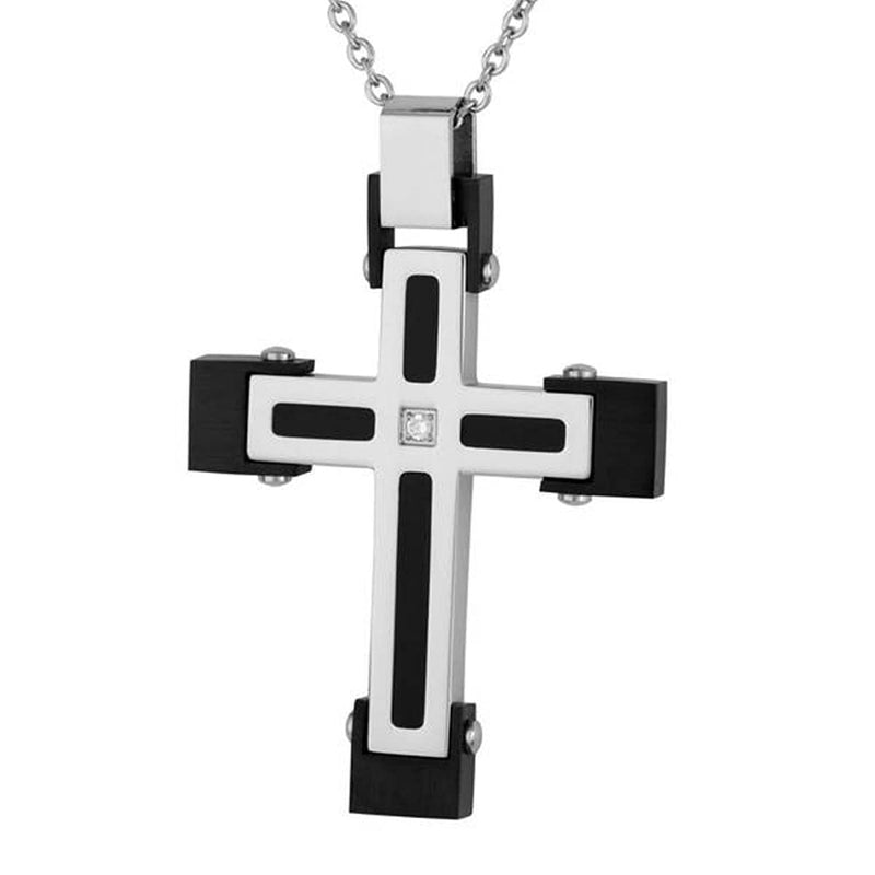Men's Two-Tone, Black Ion Plated, Center CZ Cross Pendant Necklace , Stainless Steel, 24"