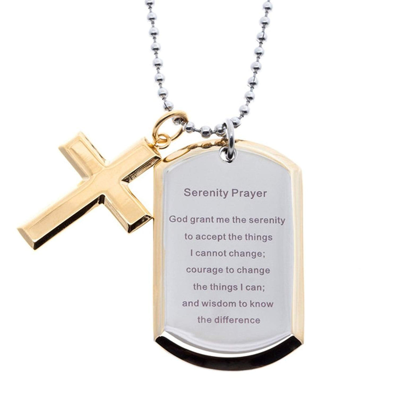 Cross with Serenity Prayer, Gold Ion Plating Pendant Necklace, Stainless Steel, 24"