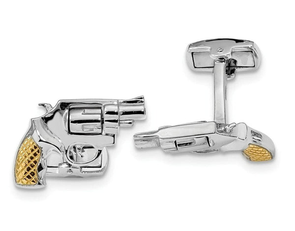 Rhodium-Plated Sterling Silver and Gold-Plated Revolver Moveable Barrel Cuff Links, 22.2X22.9MM