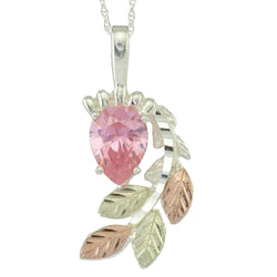 Pink CZ Pear Pendant Necklace, Sterling Silver, 12k Green and Rose Gold Black Hills Gold Motif, 18"