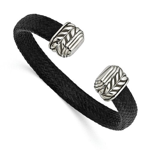 Men's Carbon Fiber Collection Black Chevron Carbon Fiber, Stainless Steel 10.5mm Cuff Bangle Bracelet