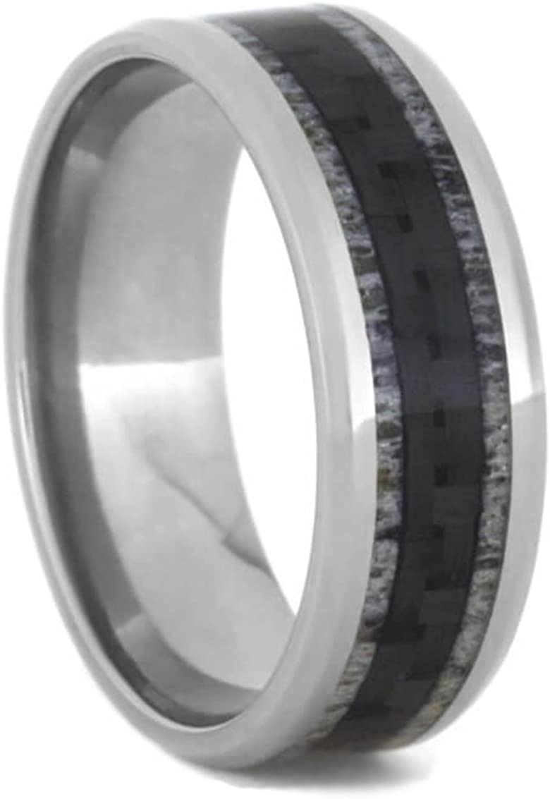 Carbon Fiber, Deer Antler 9mm Comfort-Fit Titanium Ring, Size 15.75