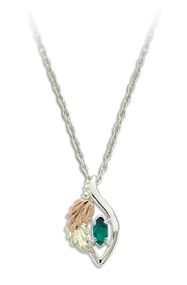 Ave 369 Created Emerald Marquise May Birthstone Pendant Necklace, Sterling Silver, 12k Green and Rose Gold Black Hills Gold Motif, 18"