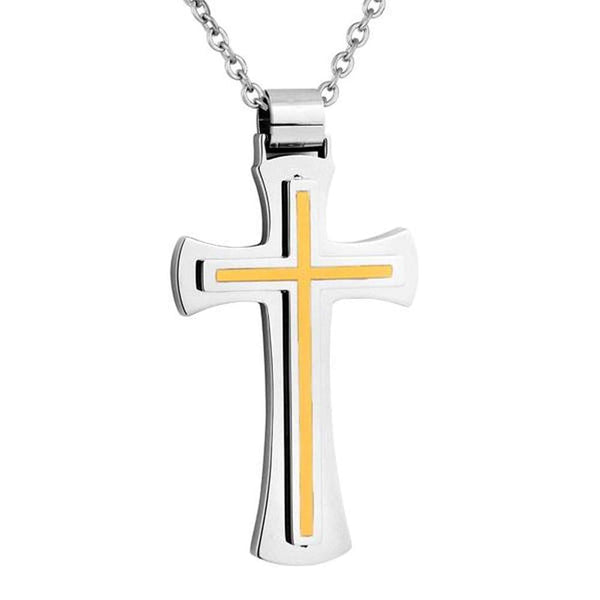 Men's Two-Tone, Yellow-Plated Cross Rounded Pendant Necklace , Stainless Steel, 24"