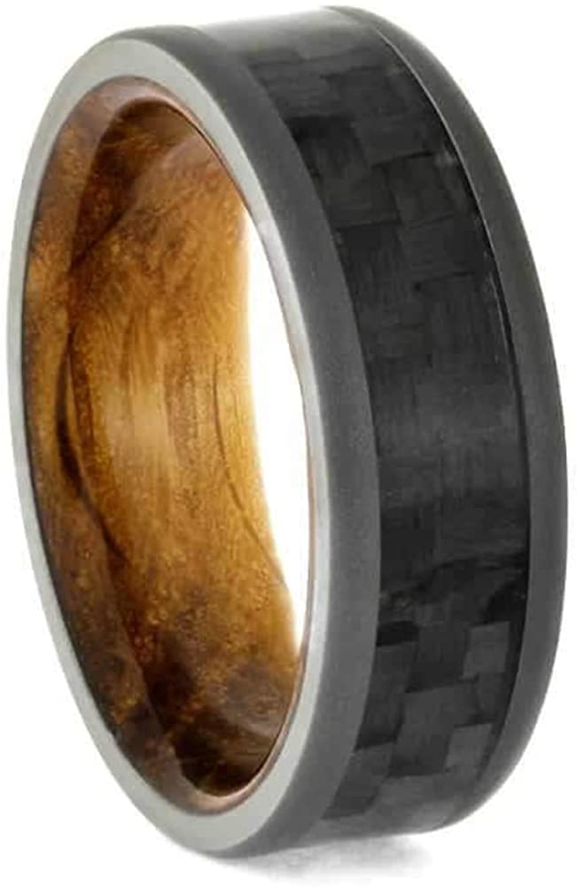 Carbon Fiber, Sandblasted Titanium 7mm Comfort-Fit Whiskey Oak Wedding Ring, Size 5.25