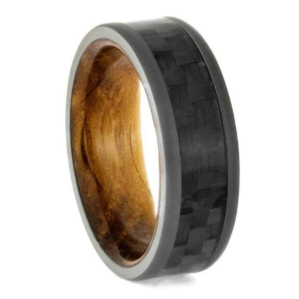 Carbon Fiber, Sandblasted Titanium 7mm Comfort-Fit Whiskey Oak Wedding Ring