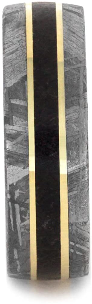 Gibeon Meteorite, Dinosaur Bone, 14k Yellow Gold 7mm Comfort-Fit Titanium Band, Size 12.25
