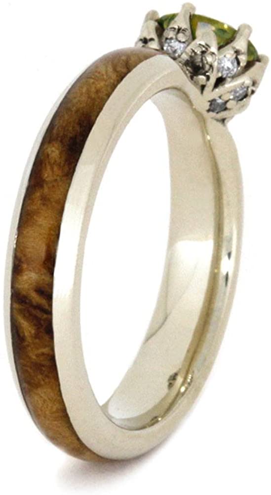 Peridot, Diamond Black Ash Burl 10k White Gold Ring and Gold Box Elder Burl Wood Titanium Band, His and Hers Rings M 11-F4