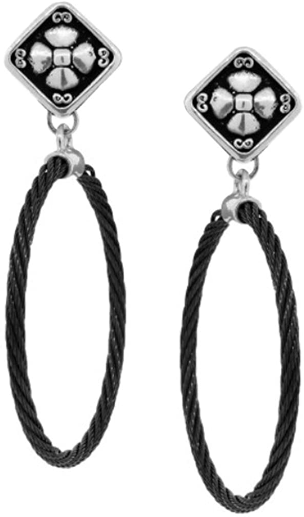 Throne Collection Black Titanium Cable and Argentium Silver Circle Earrings