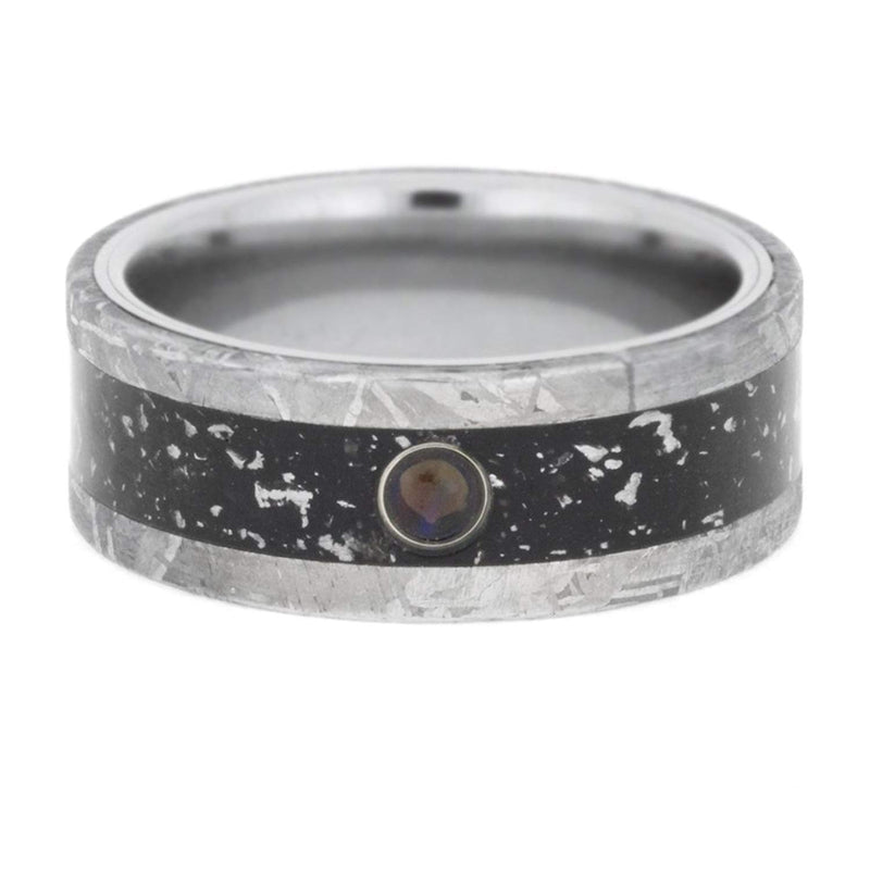 Created Black Opal Cabochon, Gibeon Meteorite, Black Stardust 8.5mm Comfort-Fit Titanium Wedding Band