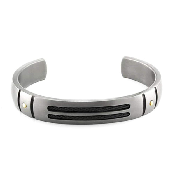 Cable Sport Collection Gray Titanium, Black Memory Cable, 18k Rivets Brushed Cuff Bracelet