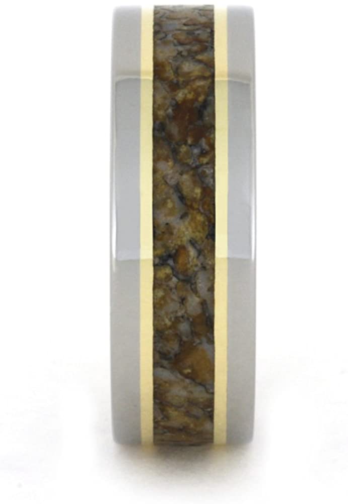 18k Yellow Gold Pinstripes, Multi-Color Dino Bone 7mm Comfort-Fit Titanium Band, Size 11.5
