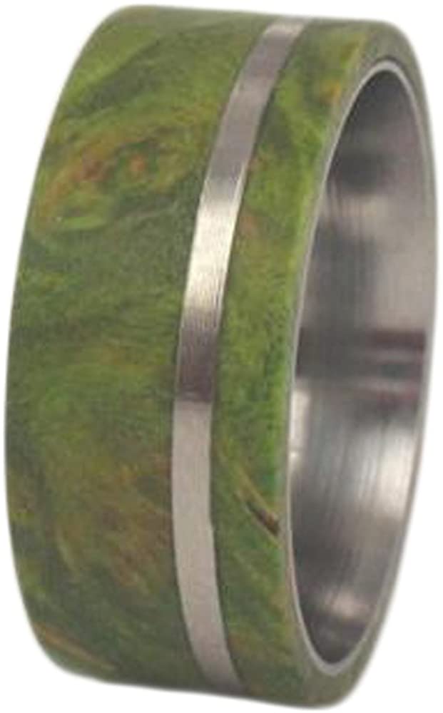 The Men's Jewelry Store (Unisex Jewelry) Green Box Elder Burl Wood 8mm Comfort-Fit Matte Titanium Wedding Band, Size 13.25