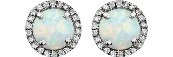 Created Opal Cabochon and Diamond Halo Button Earrings, Rhodium-Plated 14K White Gold