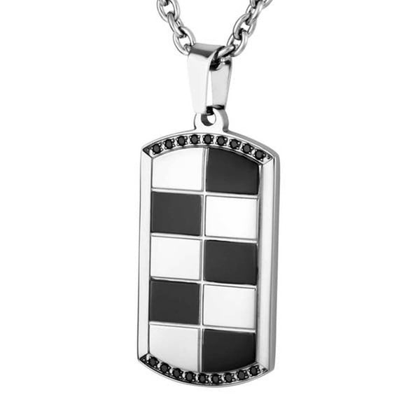 Men's Two-Tone Checkered and Black CZ Dog Tag Pendant Necklace, Stainless Steel, 24"