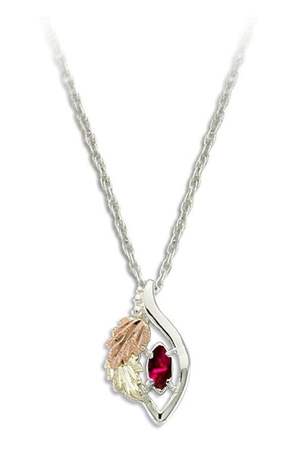 Ave 369 Created Ruby Marquise July Birthstone Pendant Necklace, Sterling Silver, 12k Green and Rose Gold Black Hills Gold Motif, 18"