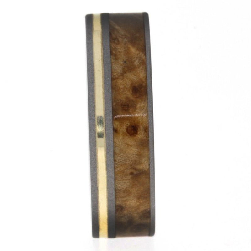 Black Ash Burl Wood, 14k Yellow Gold 5.5mm Comfort Fit Sandblasted Titanium Band