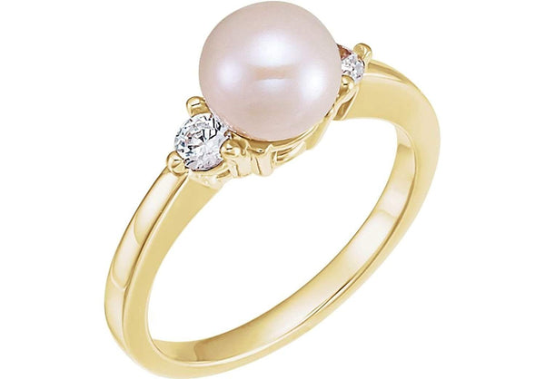 White Akoya Cultured Pearl and Diamond Ring, 14k Yellow Gold (6MM) (.16 Ctw, G-H Color, I1 Clarity)