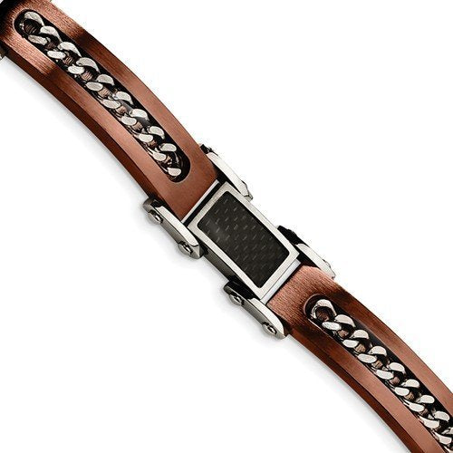 Men's Brushed and Polished Stainless Steel 12mm Brown IP Carbon Fiber Inlay Bracelet, 8.5"