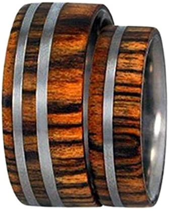 Amazon Rosewood, Titanium Pinstripes Ring, Couples Wedding Band Set, M13.5-F6.5