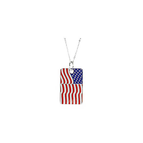 Blessed is the Nation USA Flag Dog tag Rhodium Plate Sterling Silver Necklace, 18"
