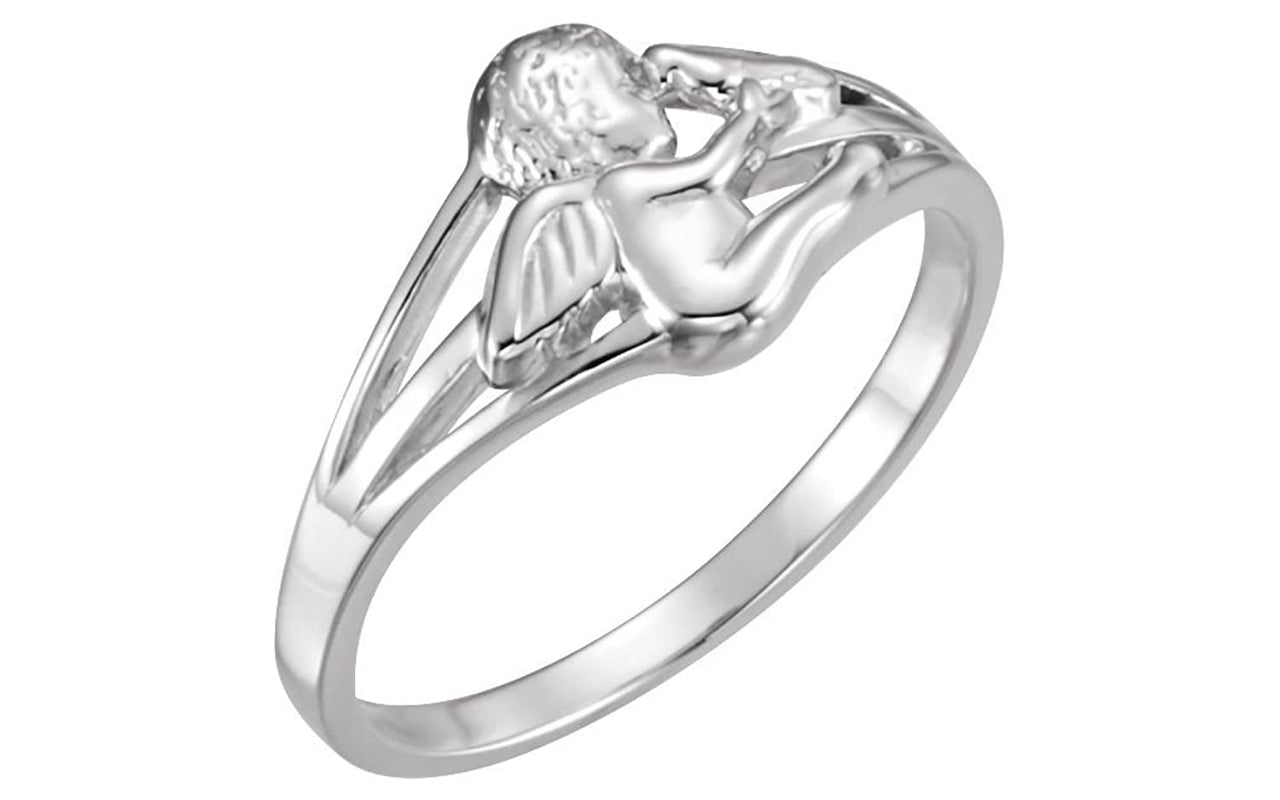 Angel with Dove Holy Ghost Rhodium Plated 14k White Gold Ring, Size 7.25