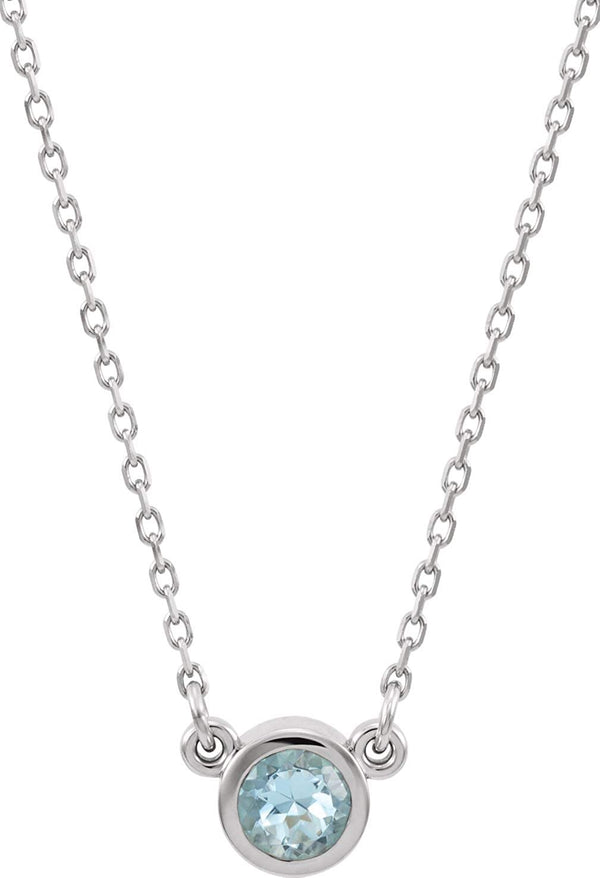 Aquamarine Solitaire Rhodium Plate 14k White Gold Pendant Necklace, 16"