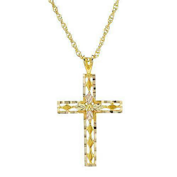 Beveled Edge Cross Pendant Necklace, 10k Yellow Gold, 12k Rose Gold Black Hills Gold Motif, 20"