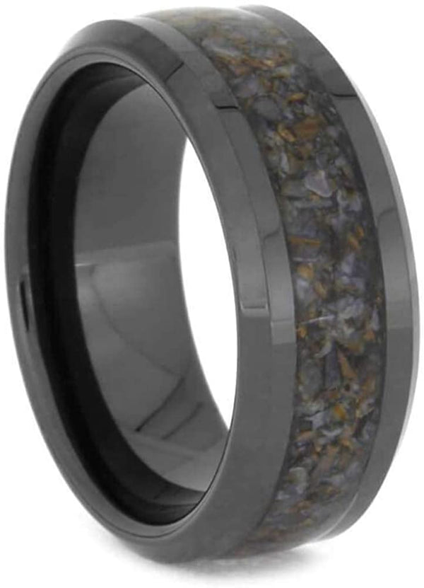 Crushed Dinosaur Bone 8mm Comfort-Fit Black Ceramic Sleeve Wedding Band, Size 9