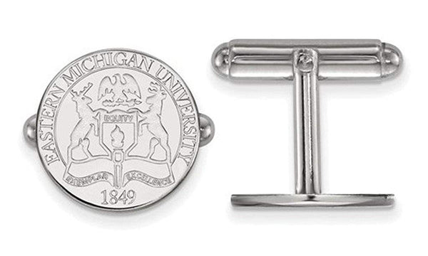 Rhodium-Plated Sterling Silver Eastern Michigan University Crest Round Cuff Links, 15MM
