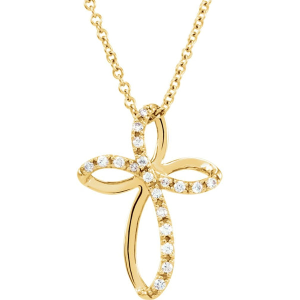 Diamond Twisted Cross Rhodium Plate 14k Yellow Gold Pendant Necklace, 18" (1/10 Cttw)