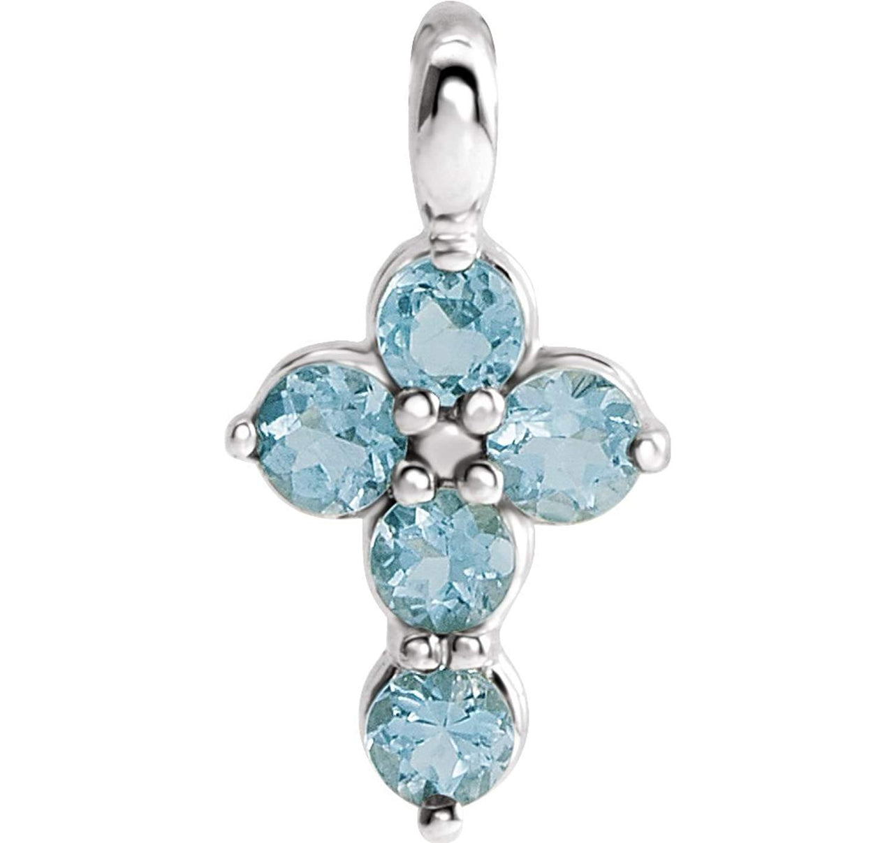 Round Aquamarine Cross Rhodium-Plated 14k White Gold Pendent (11.50X6.15 MM)