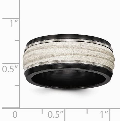 Edward Mirell Black Titanium and Sterling Silver Inlay Laser and Wave 10mm Wedding Band, Size 11.5