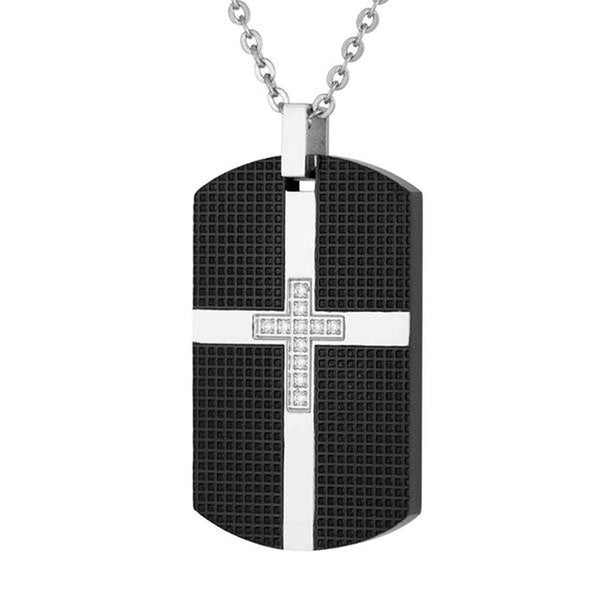Men's Two-Tone CZ Dog Tag with Cross Pendant Necklace, Stainless Steel, 24"