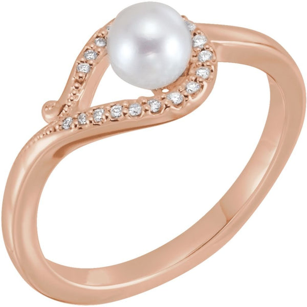 White Freshwater Cultured Pearl, Diamond Bypass Ring, 14k Rose Gold (5.-5.50mm)(.7Ctw, GH Color, I1 Clarity)